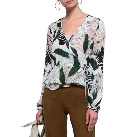 NWOT Milly Kia Tropical Print Silk Long Sleeve Wrap Top 0 - Picture 1 of 10